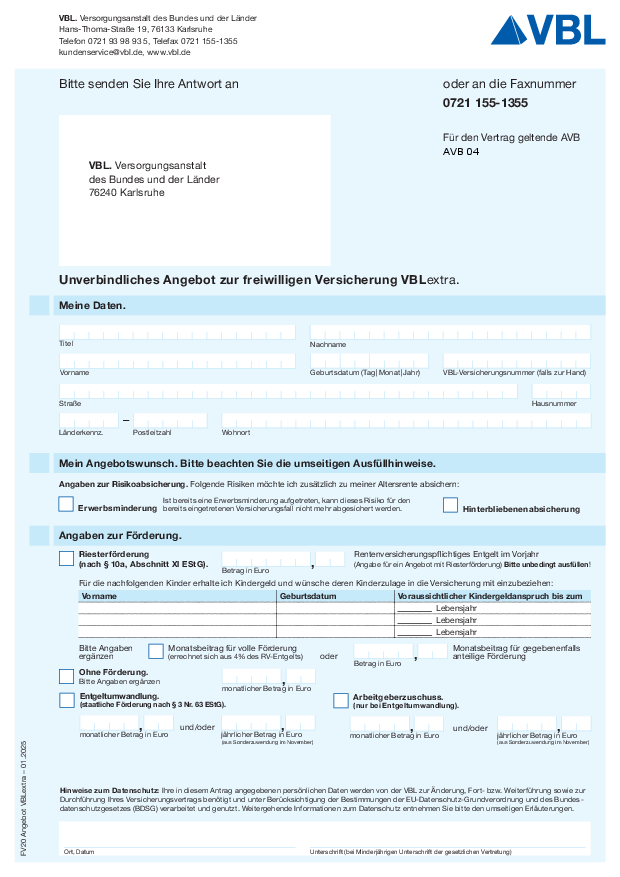 Angebotsformular VBLextra - FV20