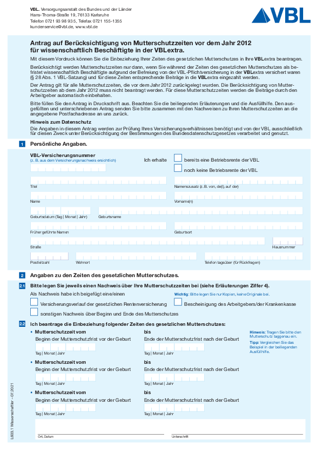 Antrag auf Berücksichtigung von Mutterschutzzeiten vor dem Jahr 2012 für wissenschaftlich Beschäftigte in der VBLextra - L603.1