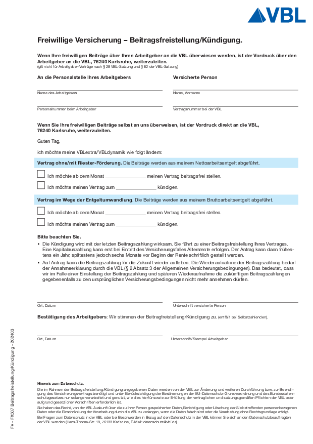 Freiwillige Versicherung - Beitragsfreistellung/Kündigung - FX507