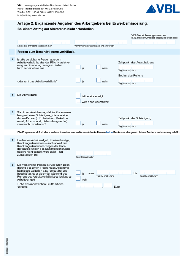 Ergänzende Angaben des Arbeitgebers zum Antrag auf Betriebsrente. Anlage 2 - L600B