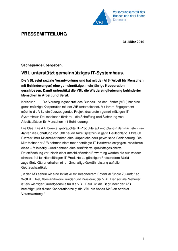 Pressemitteilung VBL unterstützt gemeinnütziges IT-Systemhaus.