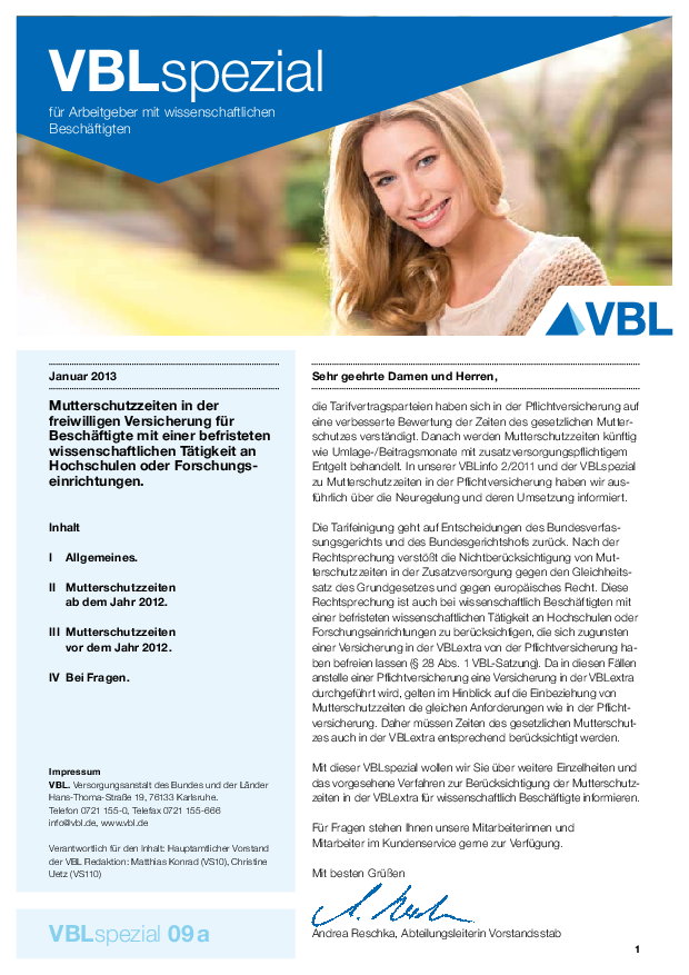 VBLspezial Mutterschutzzeiten in der freiwilligen Versicherung für Beschäftigte mit einer befristeten wissenschaftlichen Tätigkeit