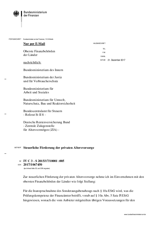 Steuerliche Förderung der privaten Altersvorsorge