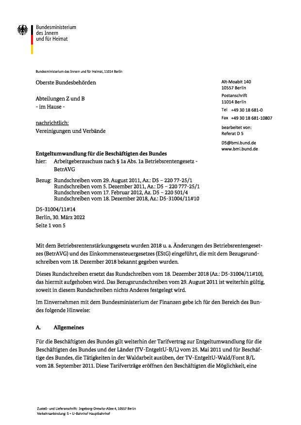 Entgeltumwandlung für die Beschäftigen des Bundes – Arbeitgeberzuschuss nach § 1a Abs. 1a BetrAVG.