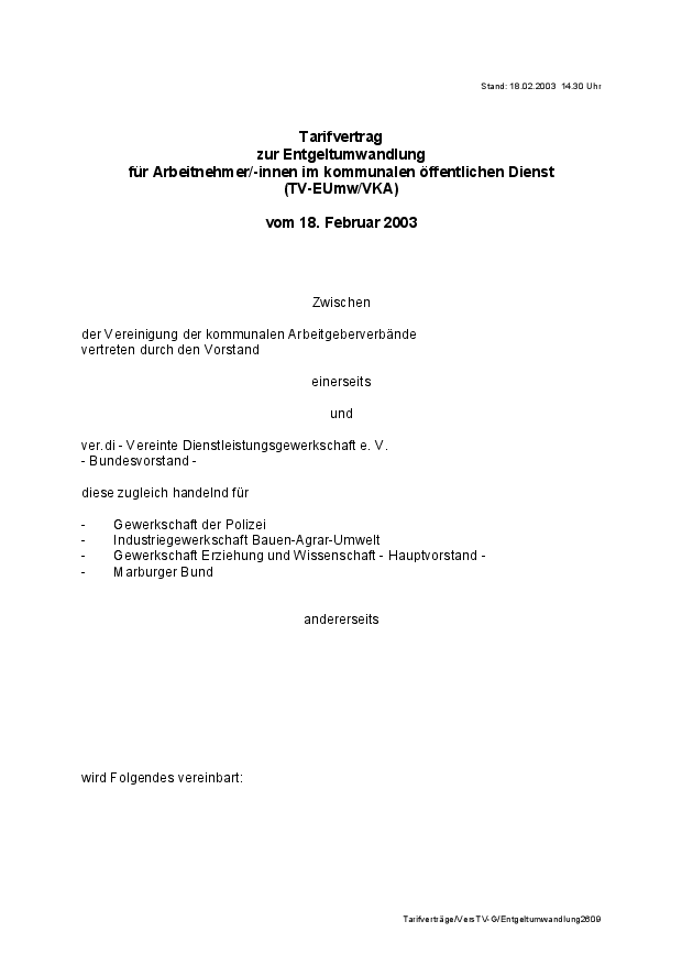 Tarifvertrag zur Entgeltumwandlung für Arbeitnehmer im kommunalen öffentlichen Dienst" (TV-EUmw/VKA)
